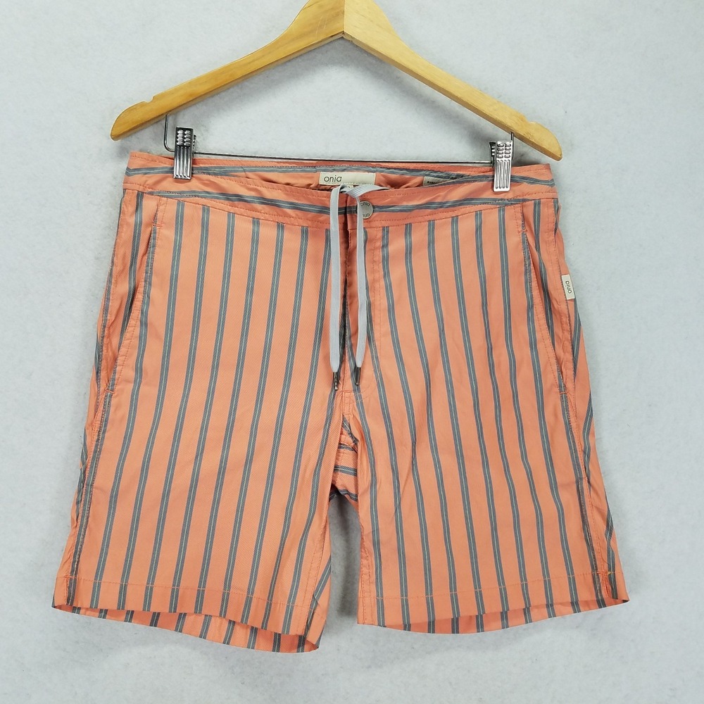 Onia Men Swim Shorts 32 Orange Blue Striped Memory Fabric Woven Italy Trunks 7"